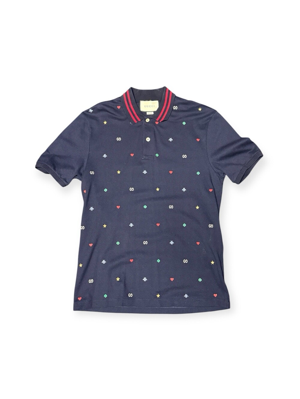 Gucci Polo Button Shirt Stars Hearts Embroidered Navy Blue Size Large